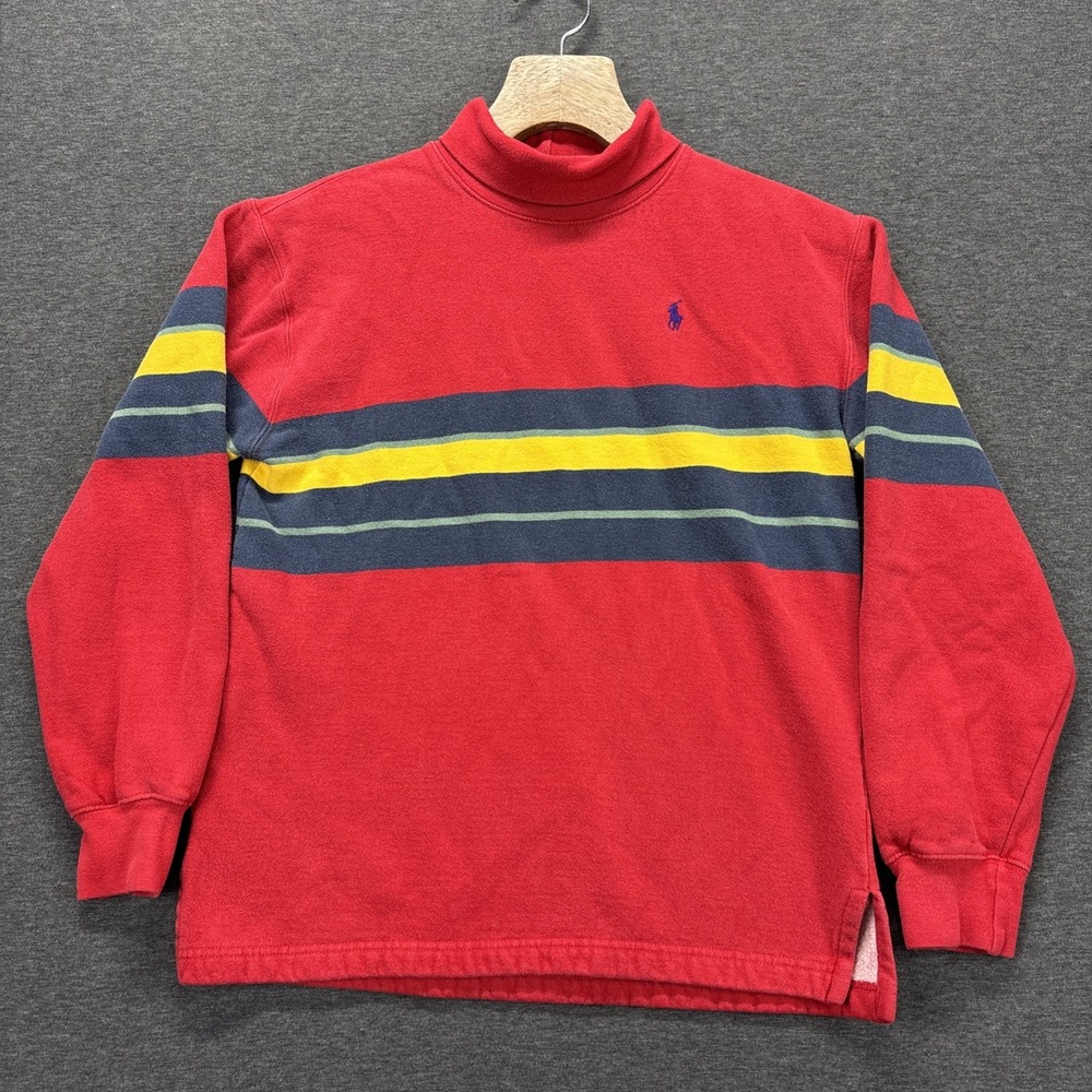 Vtg Ralph Lauren Turtle Neck Sweatshirt Mens M Striped Lightweight Fleece Lined